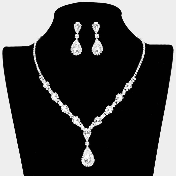 Clear Teardrop Stone Accented Rhinestone Silver Necklace Set