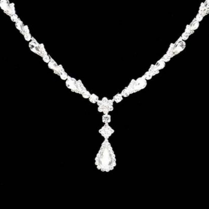 Clear Teardrop Stone Detail Rhinestone Silver Necklace Set