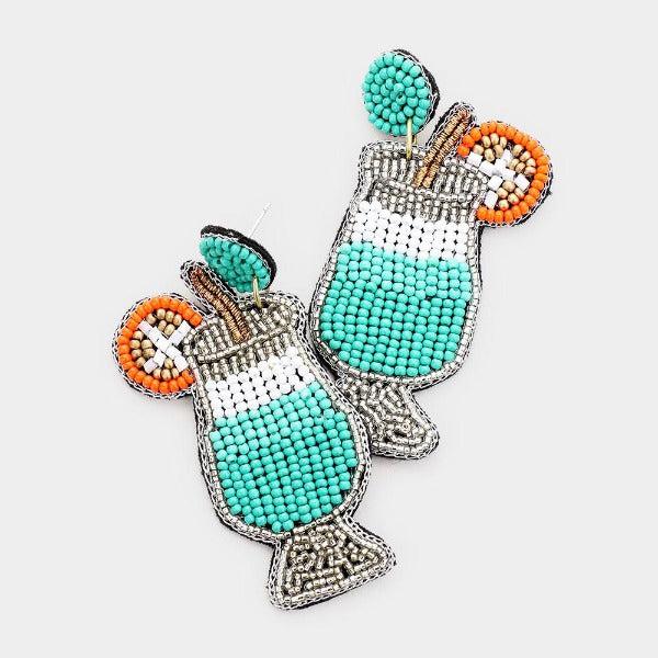 Cocktail Blue Seed Bead Felt Back Earrings-Earring-SPARKLE ARMAND