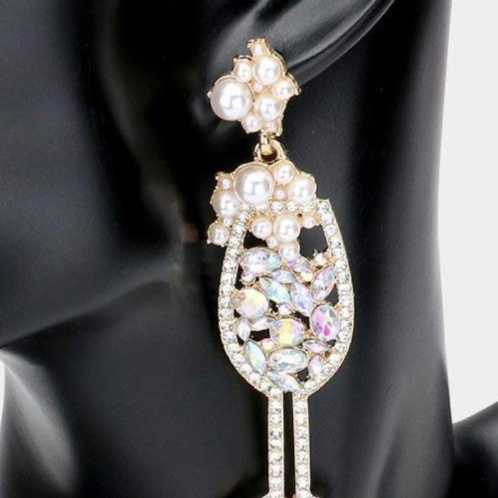 Cocktail Pearl & Rhinestone Dangle Earrings by Treasure Jewelry