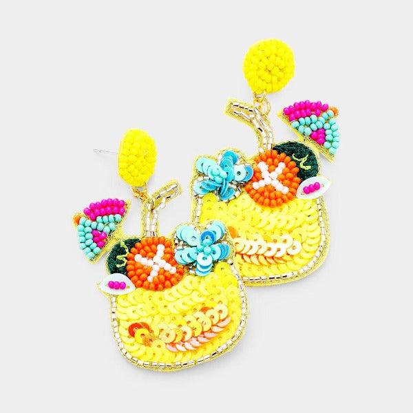 Cocktail Yellow Seed Bead Felt Back Earrings-Earring-SPARKLE ARMAND