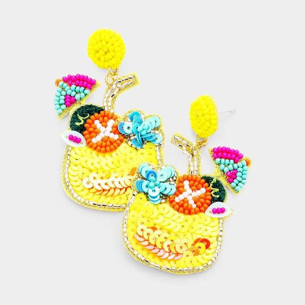 Cocktail Yellow Seed Bead Felt Back Earrings-Earring-SPARKLE ARMAND