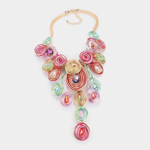 Coil Wire Multi Color Cluster Bib Necklace Set