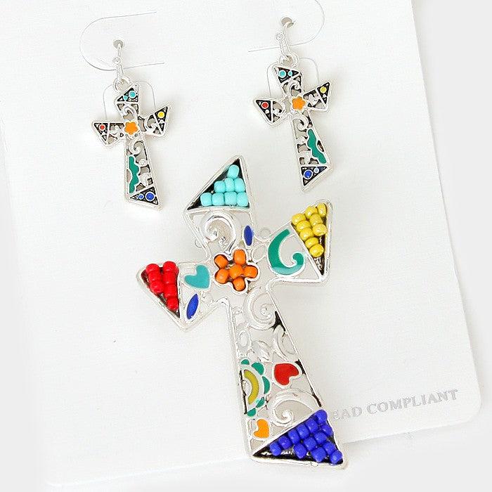 Colorful Beaded Cross Pendant Set by icon Collection