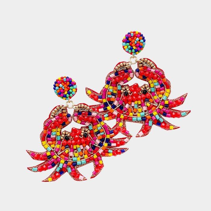 Crab Multi Color Seed Bead Dangle Earrings