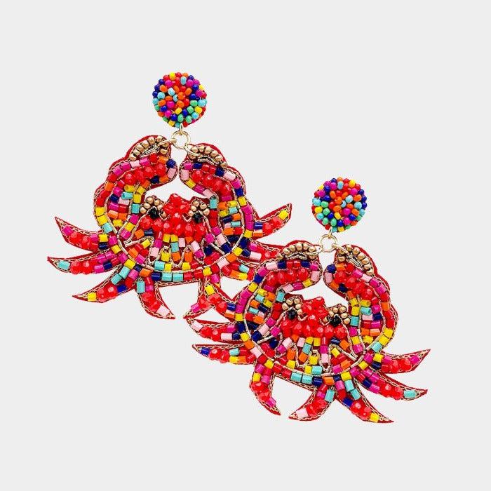 Crab Multi Color Seed Bead Dangle Earrings