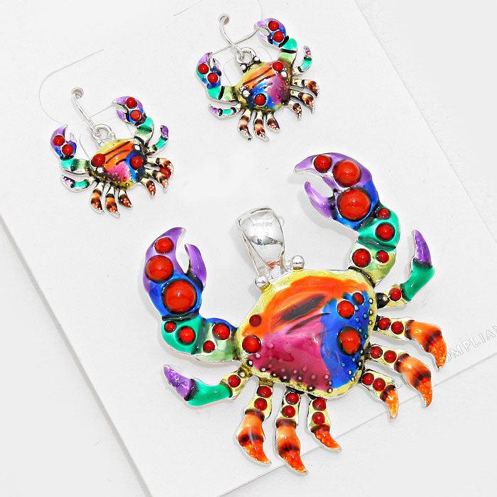 Crab Pendant & Pierced Necklace Earrings Set by icon Collection Sparkle Armand