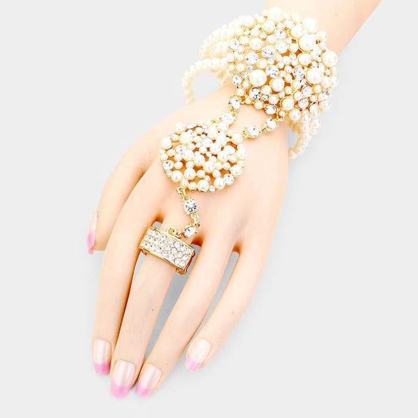 Cream Pearl Crystal Rhinestone Stretch Gold Hand Chain Bracelet