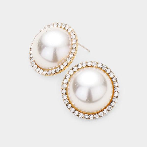 Cream Pearl & Pave Rhinestone Round Gold Earrings by BLUE ICE