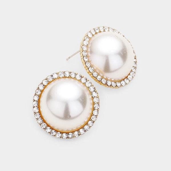 Cream Pearl & Pave Rhinestone Round Gold Earrings by BLUE ICE