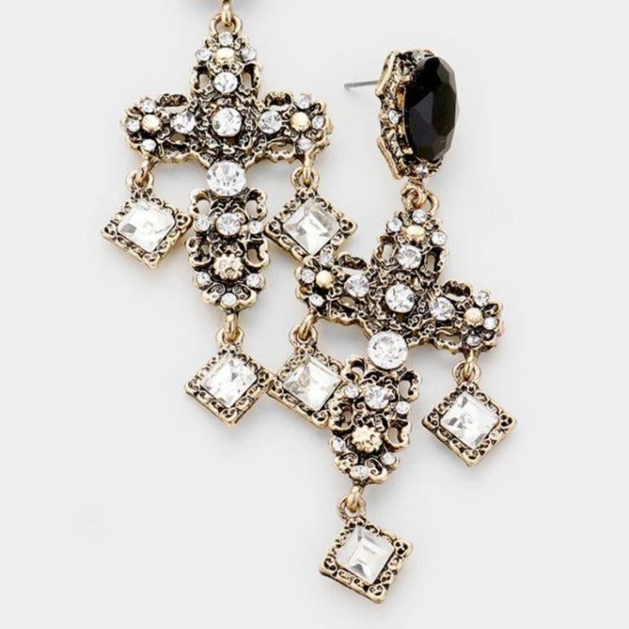 Cross Antique Metal Rhinestone Earrings-Earring-SPARKLE ARMAND