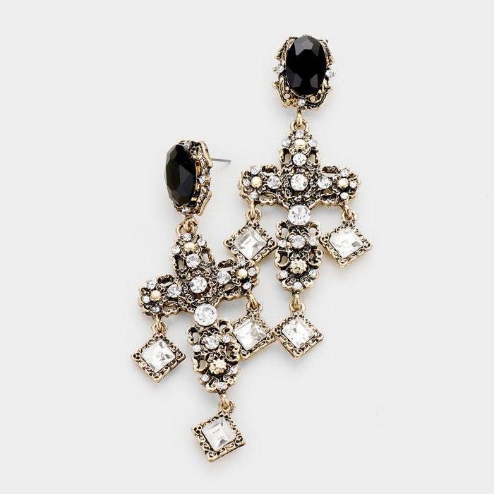 Cross Antique Metal Rhinestone Earrings-Earring-SPARKLE ARMAND