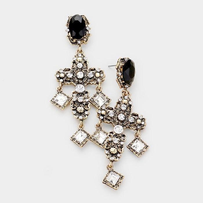 Cross Antique Metal Rhinestone Earrings-Earring-SPARKLE ARMAND