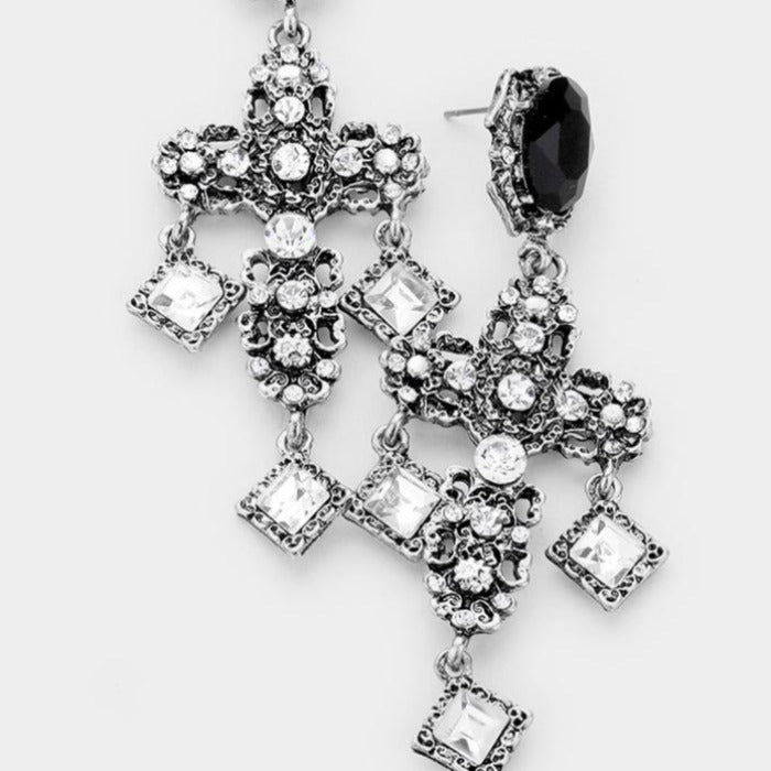 Cross Antique Silver Rhinestone Earrings-Earring-SPARKLE ARMAND