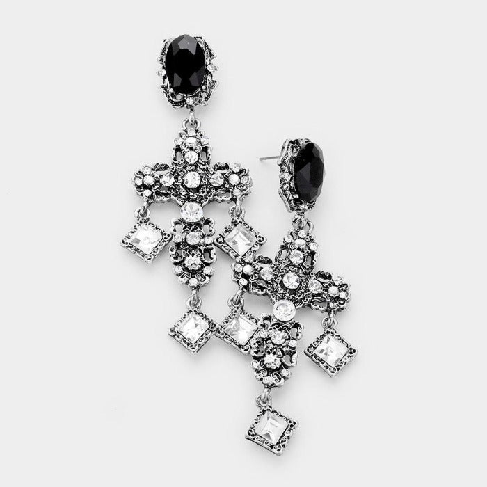 Cross Antique Silver Rhinestone Earrings-Earring-SPARKLE ARMAND