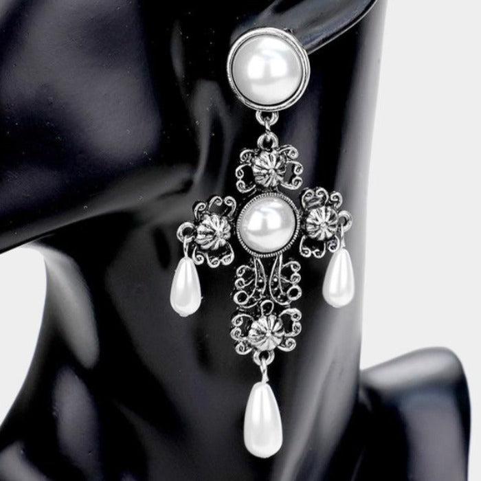 Cross Pearl Dangle Earrings-Earring-SPARKLE ARMAND