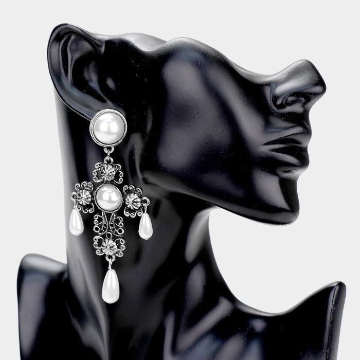 Cross Pearl Dangle Earrings-Earring-SPARKLE ARMAND