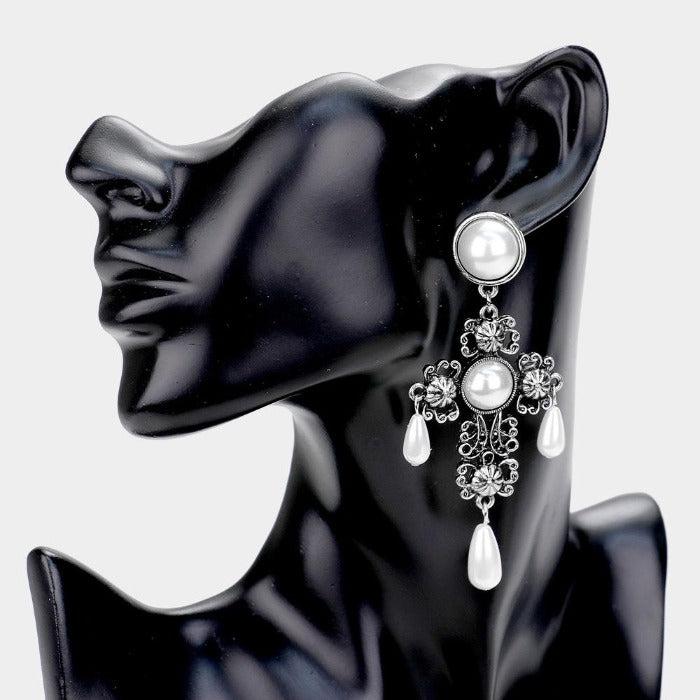 Cross Pearl Dangle Earrings-Earring-SPARKLE ARMAND