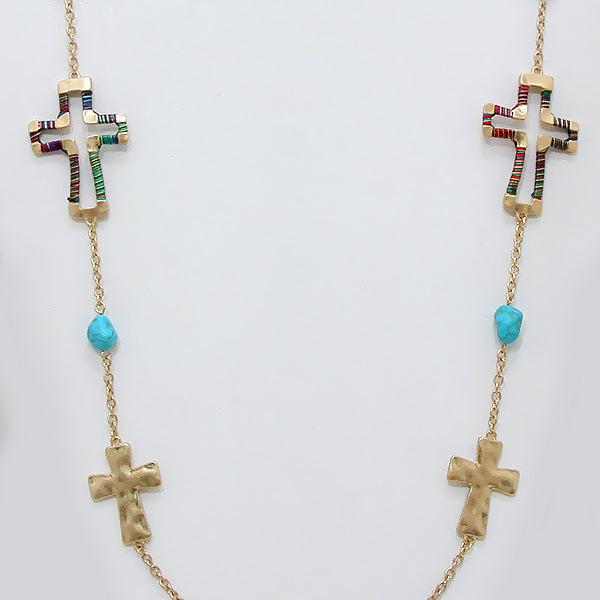 Cross String Faux Turquoise Necklace Set