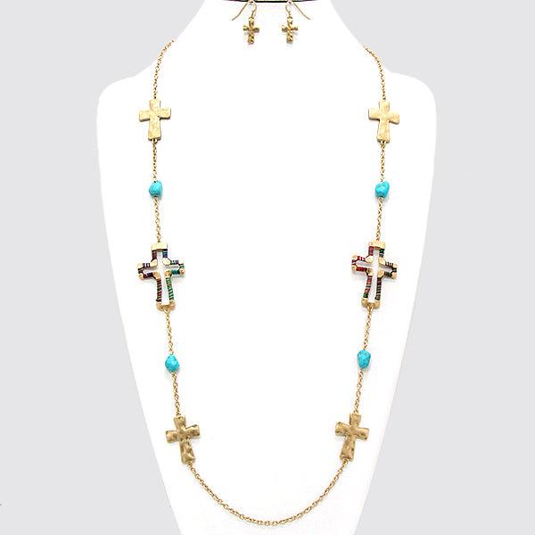 Cross String Faux Turquoise Necklace Set