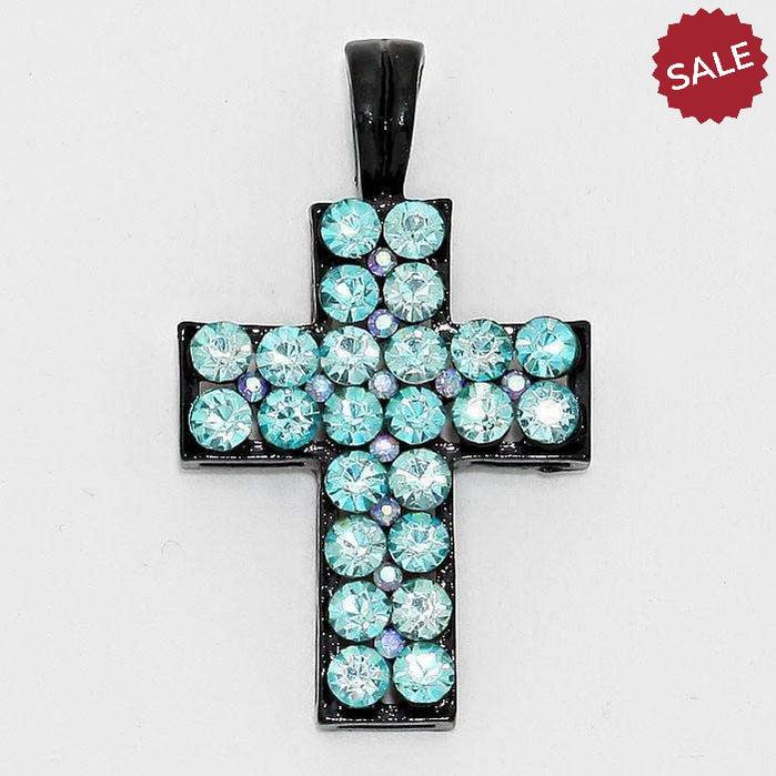 Cross Teal Blue Crystal Magnetic Pendant + 20" Black Cord Necklace-Pendant-SPARKLE ARMAND