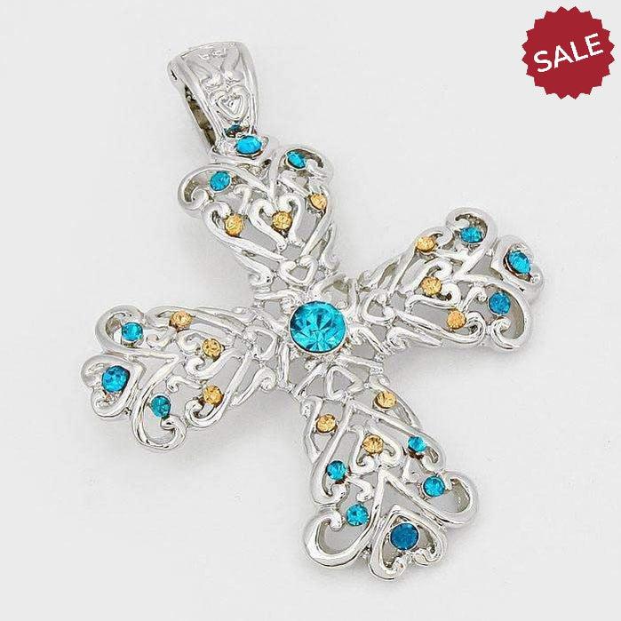 Cross Topaz & Blue Colored Crystal Accented Filigree Silver Pendant Necklace-Pendant-SPARKLE ARMAND