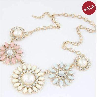 Crystal 5 Flower Pink Teal Ivory Gold Tone Statement Necklace-Necklace-SPARKLE ARMAND