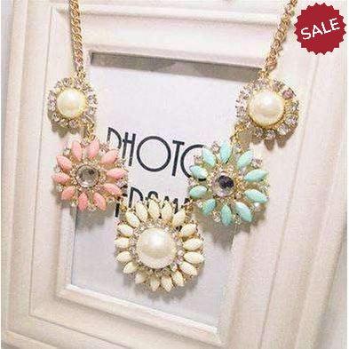 Crystal 5 Flower Pink Teal Ivory Gold Tone Statement Necklace-Necklace-SPARKLE ARMAND