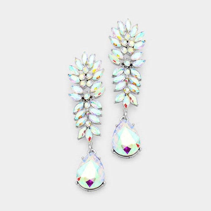 Crystal Abalone Cluster Teardrop Silver Evening Earrings