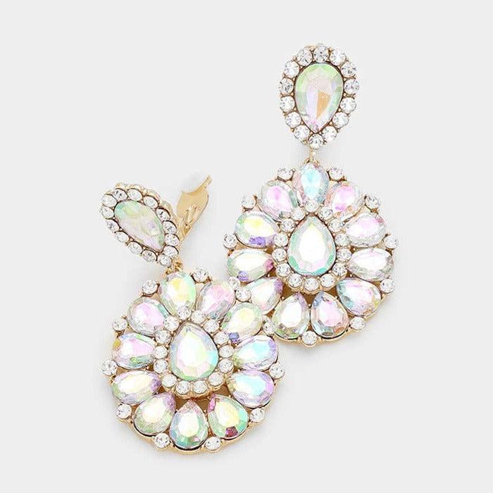 Crystal Abalone Teardrop Cluster Statement Clip on Earrings