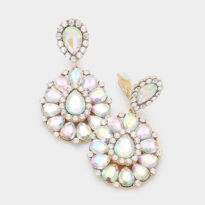 Crystal Abalone Teardrop Cluster Statement Clip on Earrings