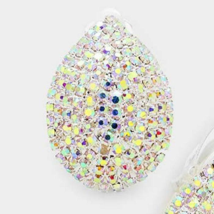 Crystal Abalone Teardrop Dome Clip On Earrings