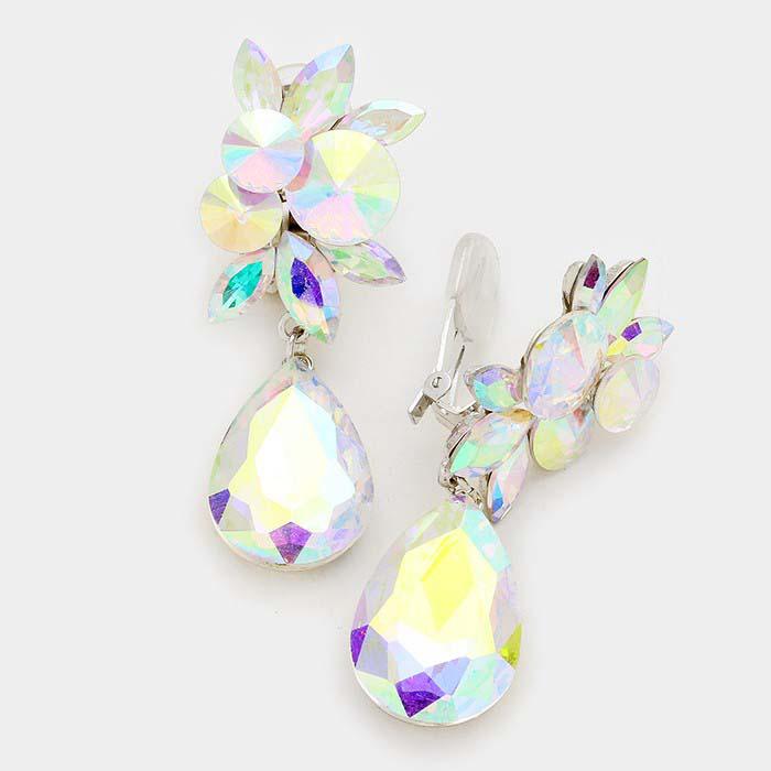 Crystal Abalone Teardrop Silver Clip On Earrings