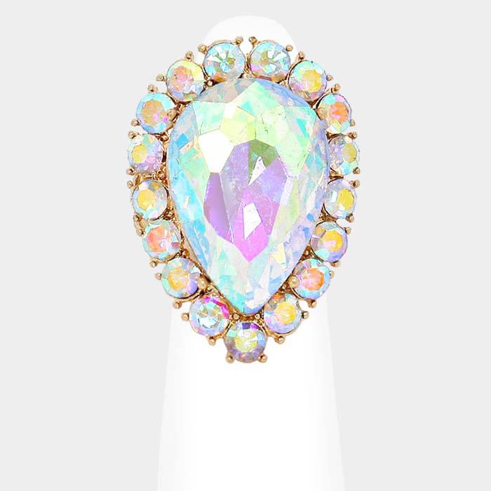 Crystal Abalone Teardrop Stretch Gold Cocktail Ring