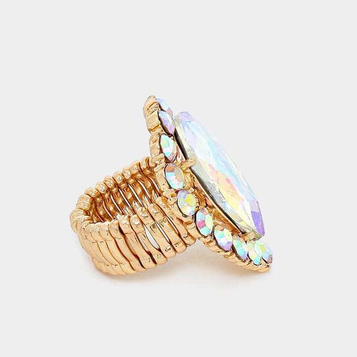 Crystal Abalone Teardrop Stretch Gold Cocktail Ring