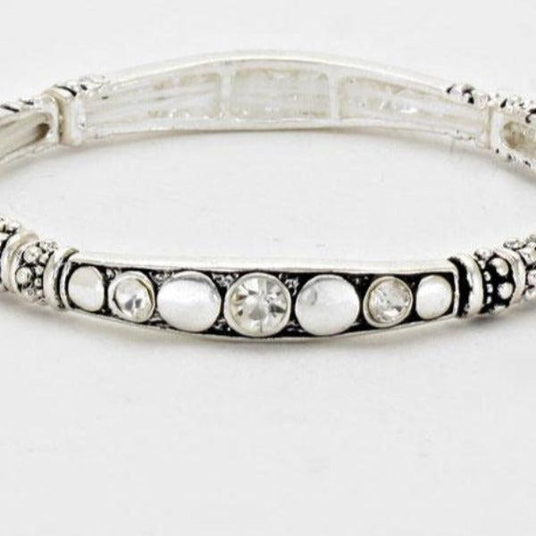 Crystal Accented Burnished Stretchable Silver Tone Bracelet