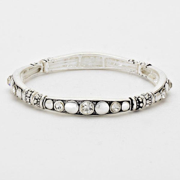Crystal Accented Burnished Stretchable Silver Tone Bracelet