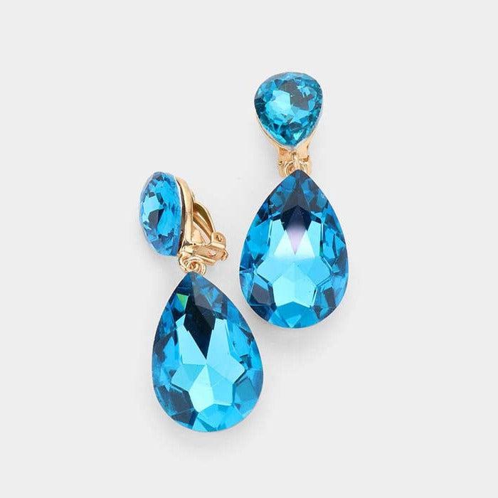 Crystal Aqua Double Teardrop Clip on Evening Earrings