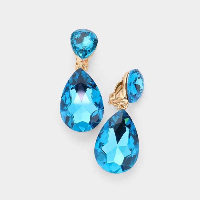 Crystal Aqua Double Teardrop Clip on Evening Earrings