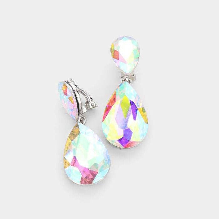Crystal Abalone Double Teardrop Clip On Evening Earrings