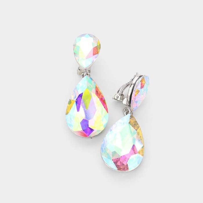 Crystal Abalone Double Teardrop Clip On Evening Earrings