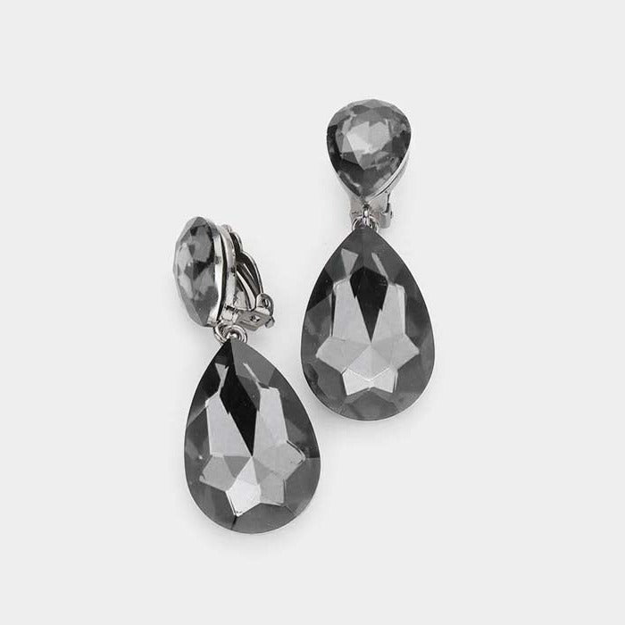 Crystal Black Diamond Double Teardrop Clip On Evening Earrings
