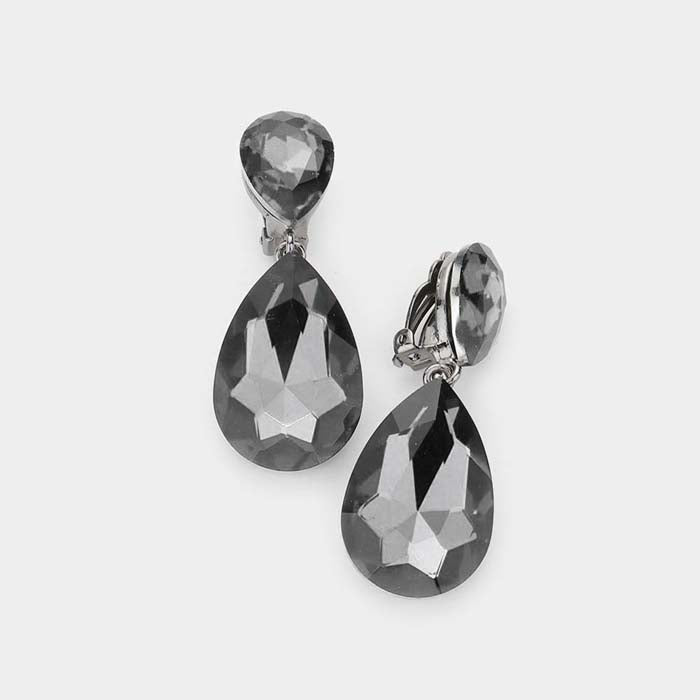 Crystal Black Diamond Double Teardrop Clip On Evening Earrings