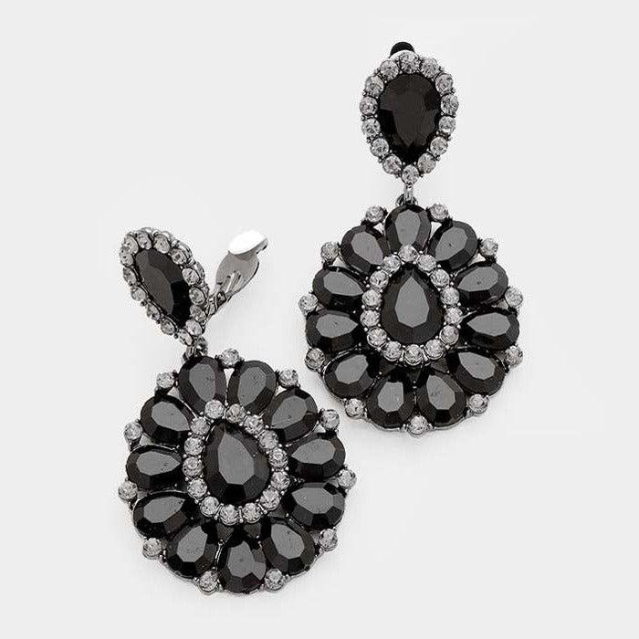 Crystal Black Teardrop Cluster Statement Clip on Earrings