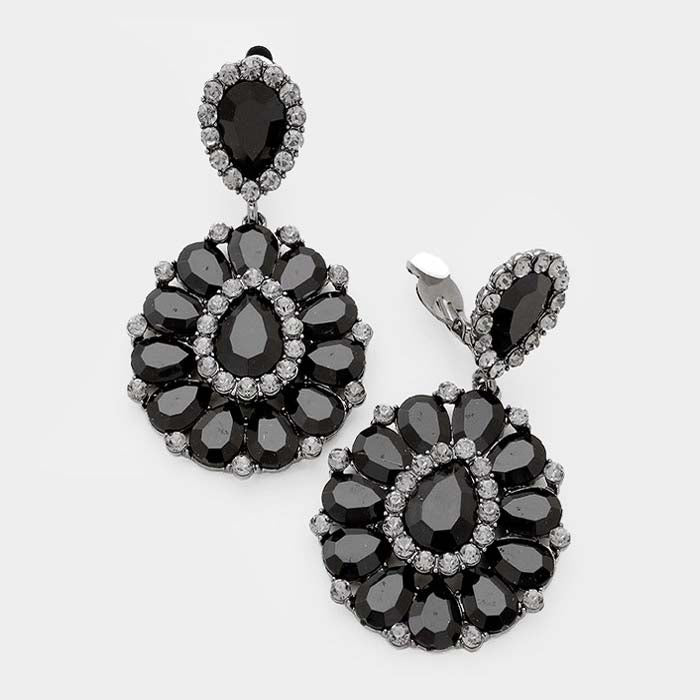 Crystal Black Teardrop Cluster Statement Clip on Earrings