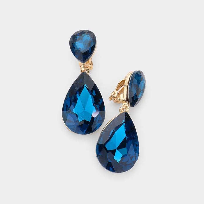 Crystal Blue Zircon Double Teardrop Clip On Evening Earrings