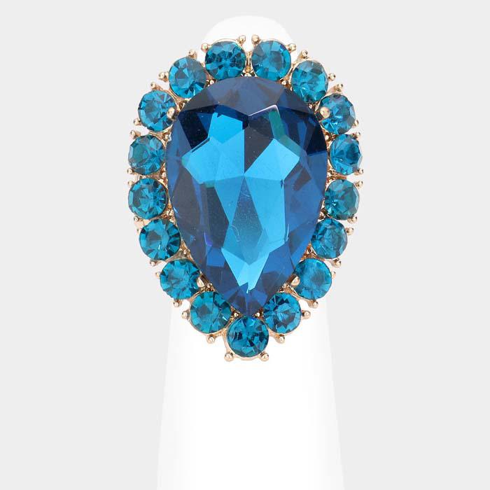 Crystal Blue Zircon Teardrop Stretch Gold Cocktail Ring