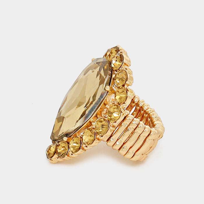 Crystal Brown Teardrop Stretch Gold Cocktail Ring
