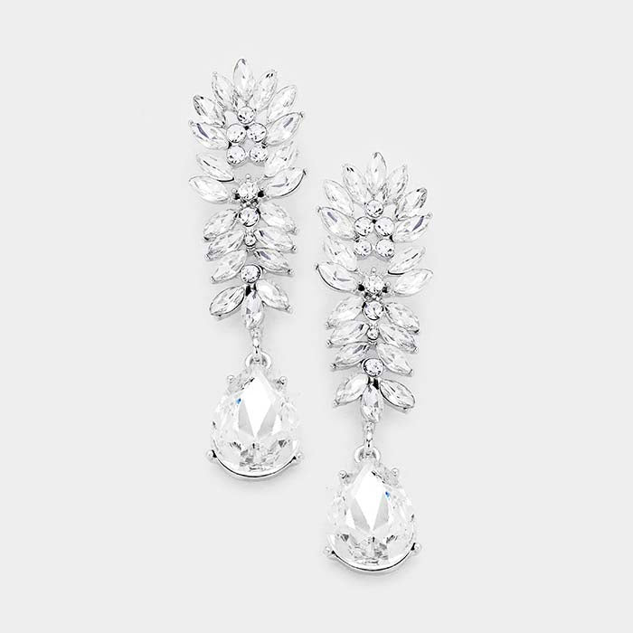 Crystal Clear Cluster Teardrop Silver Evening Earrings