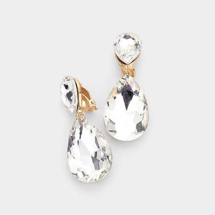 Crystal Clear Double Teardrop Clip On Evening Earrings